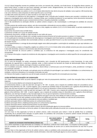 11.4.12 2 (duas) fotografias recentes do candidato sem óculos, em tamanho 3x4, coloridas, com fundo branco. As fotografias devem ostentar, na
parte frontal inferior, as datas em que foram realizadas, que devem contar, obrigatoriamente, com menos de 3 (três) meses do dia que for
entregue o formulário previsto no subitem 11.3 deste edital.
11.5 As certidões referidas nos subitens 11.4.1 a 11.4.4 deste edital deverão estar dentro do prazo de validade, nunca superior a 90 (noventa) dias,
e ter como referência a data estipulada em edital específico para a sua entrega.
11.6 Não serão aceitos documento ou cópia rasurada ou com indício de rasura.
11.7 A Comissão da sindicância de vida pregressa e investigação social, instituída pela Fundação Universa para proceder à sindicância de vida
pregressa e investigação social, poderá solicitar, a qualquer tempo, que o candidato providencie, às suas expensas, outros documentos necessários
para a comprovação de dados ou para o esclarecimento de fatos e situações envolvendo o candidato.
11.8 O não atendimento da solicitação referida no subitem anterior ensejará a não recomendação e a eliminação do candidato do concurso
público.
11.9 Sem prejuízo das sanções penais cabíveis, será não recomendado e eliminado do concurso público o candidato que:
a) deixar de apresentar quaisquer das certidões, as cópias e a foto, exigidas nos subitens 11.4.1 a 11.4.12 deste edital, no período estabelecido em
edital específico;
b) apresentar documento e(ou) certidão falsos;
c) apresentar certidão com o prazo de validade vencido;
d) apresentar documento, certidão ou cópia rasurada ou com indício de rasura;
e) tiver omitido informação ou faltado com a verdade, quando do preenchimento do formulário previsto no subitem 11.3 deste edital.
11.10 A publicação do resultado da sindicância de vida pregressa e investigação social listará apenas os candidatos recomendados.
11.11 Será assegurado ao candidato não recomendado conhecer as razões que determinaram a sua não recomendação, bem como a possibilidade
de interpor recurso.
11.12 O preenchimento e a entrega da documentação exigida neste edital pressupõem a autorização do candidato para que seja realizada a sua
investigação.
11.13 As certidões, as cópias e a fotografias, exigidas nos subitens 11.4.1 a 11.4.12 deste edital, terão validade somente para este concurso público
e não serão devolvidas, tampouco será fornecida cópia desta documentação.
11.14 Será eliminado do concurso público o candidato que, na sindicância de vida pregressa e investigação social, for considerado não
recomendado.
11.15 Demais informações a respeito da sindicância de vida pregressa e investigação social constarão em edital específico de convocação para essa
fase.
12 DO CURSO DE FORMAÇÃO
12.1 O curso de formação, de caráter unicamente eliminatório, terá a duração de 420 (quatrocentas e vinte) horas/aulas. As aulas serão
ministradas de segunda-feira a sexta-feira, podendo, ainda, a critério exclusivo da Secretaria de Estado de Administração Pública do Distrito
Federal, estender-se aos sábados, domingos e feriados e ao período noturno.
12.2 O candidato convocado, mediante edital específico, deverá efetuar a matrícula para curso de formação e, ainda, providenciar e entregar a
documentação solicitada.
12.3 No término do curso de formação, será aplicada prova de verificação de aprendizagem, que avaliará as habilidades e os conhecimentos do
candidato, conforme as disciplinas e os conteúdos ministrados nas aulas.
12.4 Demais informações a respeito do curso de formação constarão em edital específico de convocação para essa etapa.
13 DOS CRITÉRIOS DE AVALIAÇÃO E DE CLASSIFICAÇÃO
13.1 Todos os candidatos terão sua prova objetiva corrigida por meio de processamento eletrônico, a partir das marcações feitas na folha de
respostas.
13.2 A nota na prova objetiva será composta da seguinte forma:
a) Conhecimentos básicos: o valor de cada item será igual a: 50 ∕ (50 - n) ponto, caso a resposta do candidato esteja em concordância com o
gabarito oficial definitivo; 50 ∕ (50 - n) ponto negativo, caso a resposta do candidato esteja em discordância com o gabarito oficial definitivo; 0,00
(zero), caso não haja marcação ou haja marcação dupla (C e E), em que (n) representa o número de itens anulados;
b) Conhecimentos específicos: o valor de cada item será igual a: 100 ∕ (100 - n) ponto, caso a resposta do candidato esteja em concordância com o
gabarito oficial definitivo; 100 ∕ (100 - n) ponto negativo, caso a resposta do candidato esteja em discordância com o gabarito oficial definitivo;
0,00 (zero), caso não haja marcação ou haja marcação dupla (C e E), em que (n) representa o número de itens anulados.
13.2.1 A nota em cada área de conhecimento da prova objetiva será igual à soma das notas obtidas em todos os itens que a compõem.
13.2.2 A pontuação final de cada candidato na prova objetiva será obtida pela soma das notas obtidas em cada área de conhecimento.
13.3 Será reprovado na prova objetiva e eliminado do concurso público o candidato que:
a) obtiver pontuação inferior a 10,00 (dez) pontos em conhecimentos básicos;
b) obtiver pontuação inferior a 40,00 (quarenta) pontos em conhecimentos específicos;
c) obtiver pontuação inferior a 60,00 (sessenta) pontos na prova objetiva.
13.3.1 O candidato eliminado na forma do subitem anterior não terá classificação alguma no concurso público.
13.4 Os candidatos não eliminados na forma do subitem 13.3 deste edital serão ordenados de acordo com os valores decrescentes da nota final na
prova objetiva.
13.5 Com base na lista organizada na forma do subitem anterior, serão convocados para realizar o teste de aptidão física os candidatos
classificados até as posições-limite indicadas no quadro abaixo. Os candidatos não convocados no presente subitem estarão eliminados e não
terão classificação alguma no concurso público.
CARGO
DAS VAGAS (AMPLA
CONCORRÊNCIA)
DAS VAGAS
(CANDIDATOS COM
DEFICIÊNCIA)
TOTAL
AGENTE DE ATIVIDADES PENITENCIÁRIAS (CÓDIGO 101) 960 240 1.200
13.5.1 Serão respeitadas as vagas destinadas aos candidatos com deficiência, conforme item 5 deste edital, e os empates na última posição.
13.6 Os candidatos não eliminados no teste de aptidão física serão ordenados de acordo com os valores decrescentes da nota final na prova
objetiva.
13.7 Com base na lista organizada na forma do subitem anterior, todos os candidatos serão convocados para realizar a avaliação psicológica. Os
candidatos não convocados no presente subitem estarão eliminados e não terão classificação alguma no concurso público.
 