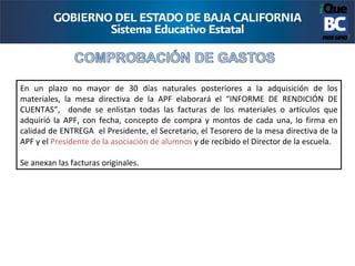 En un plazo no mayor de 30 días naturales posteriores a la adquisición de los
materiales, la mesa directiva de la APF elaborará el “INFORME DE RENDICIÓN DE
CUENTAS”, donde se enlistan todas las facturas de los materiales o artículos que
adquirió la APF, con fecha, concepto de compra y montos de cada una, lo firma en
calidad de ENTREGA el Presidente, el Secretario, el Tesorero de la mesa directiva de la
APF y el Presidente de la asociación de alumnos y de recibido el Director de la escuela.

Se anexan las facturas originales.
 