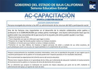 ASESOR COMUNITARIO
Persona encargada de orientar a las APF en administración de los recursos del AGE y participación social.

Uno de los factores mas importantes en el desarrollo de la relación colaborativa entre padres y
profesores es la COMUNICACIÓN que ambas partes mantengan. Una buena comunicación hace que los
padres estén mas conscientes de lo que ocurre en la escuela y de cómo pueden ayudar a sus hijos:
Revisra las tareas de sus hijos.
Tener disponible una caja con útiles para que hagan su tarea.
Disponer de un lugar fijo donde puedan realizar sus trabajos escolares.
Establecer un horario para que realicen su tarea o trabajos escolares.
Fomentar en sus hijos hábitos: de limpieza e higiene personal, de orden y cuidado de sus útiles escolares, de
puntualidad para asistir a la escuela, de responsabilidad en el cumplimiento de sus tareas.


mejora sustancialmente los resultados escolares intermedios, como son la reprobación de grado, lo que sugiere que la
creciente participación de los padres en la escuela puede tener impactos positivos en los resultados educativos.
Ha incrementado las expectativas de la familia acerca del servicio educativo.
Parece tener mayores efectos en el aprendizaje de los niños, por la demanda de educación mediante el involucramiento
de la presencia de los padres en el proceso de toma de decisiones de la escuela.
Es un elemento que propicia la realización de acciones de mejora educativa por parte de las APF, mediante la
administración del apoyo y el aporte de mano de obra.
 