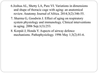 6.Joshua AL, Shetty LA, Pare VI. Variations in dimensions
and shape of thoracic cage with aging: an anatomical
review. Anatomy Journal of Africa. 2014;3(2):346-55.
7. Sharma G, Goodwin J. Effect of aging on respiratory
system physiology and immunology. Clinical interventions
in aging. 2006 Sep;1(3):253.
8. Korpáš J, Honda Y. Aspects of airway defence
mechanisms. Pathophysiology. 1996 May 1;3(2):81-6.
 