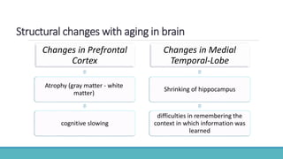 Structural changes with aging in brain
Changes in Prefrontal
Cortex
Atrophy (gray matter - white
matter)
cognitive slowing
Changes in Medial
Temporal-Lobe
Shrinking of hippocampus
difficulties in remembering the
context in which information was
learned
 