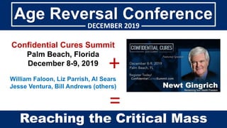 Confidential Cures Summit
Palm Beach, Florida
December 8-9, 2019
William Faloon, Liz Parrish, Al Sears
Jesse Ventura, Bill Andrews (others)
+
=
Age Reversal Conference
DECEMBER 2019
Reaching the Critical Mass
 