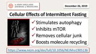 Cellular Effects of Intermittent Fasting
December 26, 2019
Stimulates autophagy
Inhibits mTOR
Removes cellular junk
Boosts molecule recycling
https://www.nejm.org/doi/full/10.1056/NEJMra1905136
 