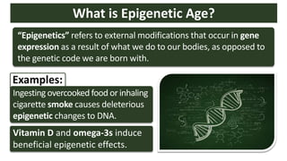 What is Epigenetic Age?
“Epigenetics” refers to external modifications that occur in gene
expression as a result of what we do to our bodies, as opposed to
the genetic code we are born with.
Ingesting overcooked food or inhaling
cigarette smoke causes deleterious
epigenetic changes to DNA.
Vitamin D and omega-3s induce
beneficial epigenetic effects.
Examples:
 