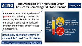 Rejuvenation of Three Germ Layer
TissuesbyRemovingOldBloodPlasma
May30,2020
https://www.aging-us.com/article/103418/text
Result likely due to the removal of
extra-cellular “junk” in old plasma.
Removal of 50% of an aged mouse’s
plasma and replacing it with saline
containing 5% albumin resulted in
enhanced muscle repair, reduced
liver fat and fibrosis, and increased
neurogenesis.
 