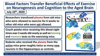 July 10th, 2020
Blood Factors Transfer Beneficial Effects of Exercise
on Neurogenesis and Cognition to the Aged Brain
Researchers transfused plasma from old mice
who were allowed to exercise for 6 weeks to
other old mice who were not allowed.
Rodents who received the plasma from the
active mice grew roughly twice as many new
neurons in the hippocampus as controls.
https://www.sciencemag.org/news/2020/07/protein-blood-exercising-mice-rejuvenates-brains-couch-potato-mice
Couch potato mice receiving this blood eight
times over 3 weeks did nearly as well onlearning
and memory tests as the exercising mice.
 