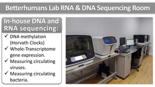 Betterhumans Lab RNA & DNA Sequencing Room
 DNA methylation
(Horvath Clocks)
 Whole-Transcriptome
gene expression.
 Measuring circulating
viruses.
 Measuring circulating
bacteria.
In-house DNA and
RNA sequencing:
 