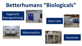 Betterhumans “Biologicals”
Epigenetic
Reprogramming
Stem Cells
Mitochondria
Exosomes
 