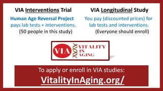 VIA Interventions Trial
Human Age Reversal Project
pays lab tests + interventions.
(50 people in this study)
VIA Longitudinal Study
You pay (discounted prices) for
lab tests and interventions.
(Everyone should enroll)
To apply or enroll in VIA studies:
VitalityInAging.org/
 