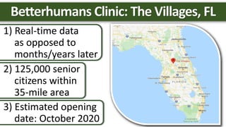 Betterhumans Clinic: The Villages, FL
1) Real-time data
as opposed to
months/years later
2) 125,000 senior
citizens within
35-mile area
3) Estimated opening
date: October 2020
 