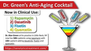 Dr. Alan Green at his practice in Little Neck, NY
now has 500+ patients using rapamycin with
100+ patient adding dasatinib, fisetin and
quercetin .
Dr. Green’s Anti-Aging Cocktail
1) Rapamycin
2) Dasatinib
3) Fisetin
4) Quercetin
Now in Clinical Use:
https://senolyticstreatment.com/
 