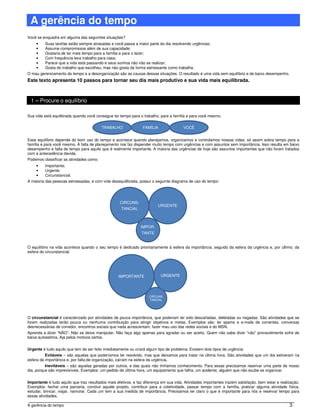 A gerência do tempo
Você se enquadra em alguma das seguintes situações?
     •    Suas tarefas estão sempre atrasadas e você passa a maior parte do dia resolvendo urgências;
     •    Assume compromissos além de sua capacidade;
     •    Gostaria de ter mais tempo para a família e para o lazer;
     •    Com frequência leva trabalho para casa;
     •    Parece que a vida está passando e seus sonhos não irão se realizar;
     •    Gosta do trabalho que escolheu, mas não gosta da forma estressante como trabalha.
O mau gerenciamento do tempo e a desorganização são as causas dessas situações. O resultado é uma vida sem equilíbrio e de baixo desempenho.
Este texto apresenta 10 passos para tornar seu dia mais produtivo e sua vida mais equilibrada.



 1 – Procure o equilíbrio

Sua vida está equilibrada quando você consegue ter tempo para o trabalho, para a família e para você mesmo.

                                          TRABALHO               FAMÍLIA                VOCÊ


Esse equilíbrio depende do bom uso do tempo e acontece quando planejamos, organizamos e controlamos nossas vidas, só assim sobra tempo para a
família e para você mesmo. A falta de planejamento nos faz dispender muito tempo com urgências e com assuntos sem importância. Isso resulta em baixo
desempenho e falta de tempo para aquilo que é realmente importante. A maioria das urgências de hoje são assuntos importantes que não foram tratados
com a antecedência devida.
Podemos classificar as atividades como:
     •    Importante;
     •    Urgente;
     •    Circunstancial.
A maioria das pessoas estressadas, e com vida desequilibrada, possui o seguinte diagrama de uso do tempo:




                                                    CIRCUNS-
                                                                         URGENTE
                                                     TANCIAL



                                                                IMPOR-
                                                                TANTE


O equilíbrio na vida acontece quando o seu tempo é dedicado prioritariamente à esfera da importância, seguido da esfera da urgência e, por último, da
esfera do circunstancial.




                                                   IMPORTANTE              URGENTE




                                                                    CIRCUNS
                                                                    TANCIAL




O circunstancial é caracterizado por atividades de pouca importância, que poderiam ter sido descartadas, deletadas ou negadas. São atividades que se
forem realizadas terão pouca ou nenhuma contribuição para atingir objetivos e metas. Exemplos são: ler spams e e-mails de correntes, conversas
desnecessárias de corredor, encontros sociais que nada acrescentam, fazer mau uso das redes sociais e do MSN.
Aprenda a dizer “NÃO”. Não se deixe manipular. Não faça algo apenas para agradar ou ser aceito. Quem não sabe dizer “não” provavelmente sofre de
baixa autoestima. Aja pelos motivos certos.


Urgente é tudo aquilo que tem de ser feito imediatamente ou criará algum tipo de problema. Existem dois tipos de urgência:
          Evitáveis – são aquelas que poderíamos ter resolvido, mas que deixamos para tratar na última hora. São atividades que um dia estiveram na
esfera da importância e, por falta de organização, caíram na esfera da urgência.
          Inevitáveis – são aquelas geradas por outros, e das quais não tínhamos conhecimento. Para essas precisamos reservar uma parte de nosso
dia, porque são imprevisíveis. Exemplos: um pedido de última hora, um equipamento que falha, um acidente, alguém que não soube se organizar.


Importante é tudo aquilo que traz resultados mais efetivos, e faz diferença em sua vida. Atividades importantes trazem satisfação, bem estar e realização.
Exemplos: fechar uma parceria, concluir aquele projeto, contribuir para a coletividade, passar tempo com a família, praticar alguma atividade física,
estudar, brincar, viajar, namorar. Cada um tem a sua medida de importância. Precisamos ter claro o que é importante para nós e reservar tempo para
essas atividades.

A gerência do tempo                                                                                                                                 3
 