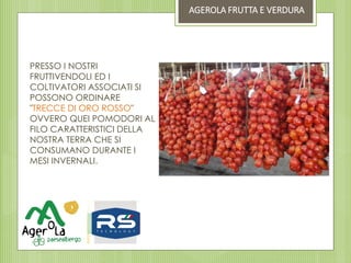 PRESSO I NOSTRI
FRUTTIVENDOLI ED I
COLTIVATORI ASSOCIATI SI
POSSONO ORDINARE
"TRECCE DI ORO ROSSO"
OVVERO QUEI POMODORI AL
FILO CARATTERISTICI DELLA
NOSTRA TERRA CHE SI
CONSUMANO DURANTE I
MESI INVERNALI.
AGEROLA FRUTTA E VERDURA
 