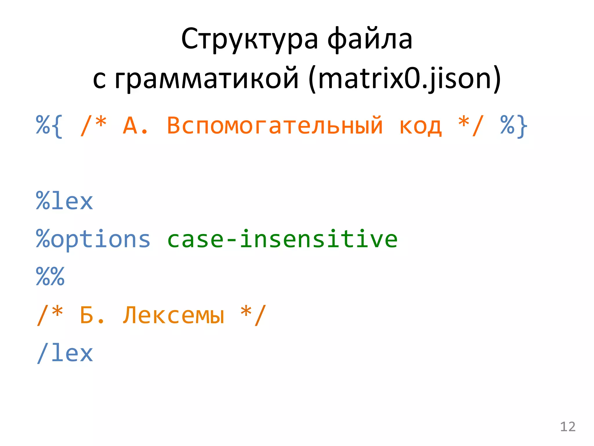 Структура	
  файла	
  	
  
с	
  грамматикой	
  (matrix0.jison)	
  
%{	
  /*	
  А.	
  Вспомогательный	
  код	
  */	
  %}	
  
	
  
%lex	
  
%options	
  case-­‐insensitive	
  
%%	
  
/*	
  Б.	
  Лексемы	
  */	
  
/lex	
  
12	
  
 