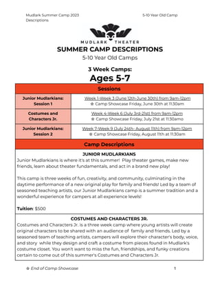 Mudlark Summer Camp 2023 5-10 Year Old Camp
Descriptions
SUMMER CAMP DESCRIPTIONS
5-10 Year Old Camps
3 Week Camps:
Ages 5-7
Sessions
Junior Mudlarkians:
Session 1
Week 1-Week 3 (June 12th-June 30th) from 9am-12pm
☆ Camp Showcase Friday, June 30th at 11:30am
Costumes and
Characters Jr.
Week 4-Week 6 (July 3rd-21st) from 9am-12pm
☆ Camp Showcase Friday, July 21st at 11:30amo
Junior Mudlarkians:
Session 2
Week 7-Week 9 (July 24th- August 11th) from 9am-12pm
☆ Camp Showcase Friday, August 11th at 11:30am
Camp Descriptions
JUNIOR MUDLARKIANS
Junior Mudlarkians is where it's at this summer! Play theater games, make new
friends, learn about theater fundamentals, and act in a brand new play!
This camp is three weeks of fun, creativity, and community, culminating in the
daytime performance of a new original play for family and friends! Led by a team of
seasoned teaching artists, our Junior Mudlarkians camp is a summer tradition and a
wonderful experience for campers at all experience levels!
Tuition: $500
COSTUMES AND CHARACTERS JR.
Costumes and Characters Jr. is a three week camp where young artists will create
original characters to be shared with an audience of family and friends. Led by a
seasoned team of teaching artists, campers will explore their character's body, voice,
and story while they design and craft a costume from pieces found in Mudlark's
costume closet. You won't want to miss the fun, friendships, and funky creations
certain to come out of this summer's Costumes and Characters Jr.
☆ End of Camp Showcase 1
 