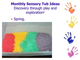 Monthly Sensory Tub Ideas Discovery through play and exploration! Spring.                               