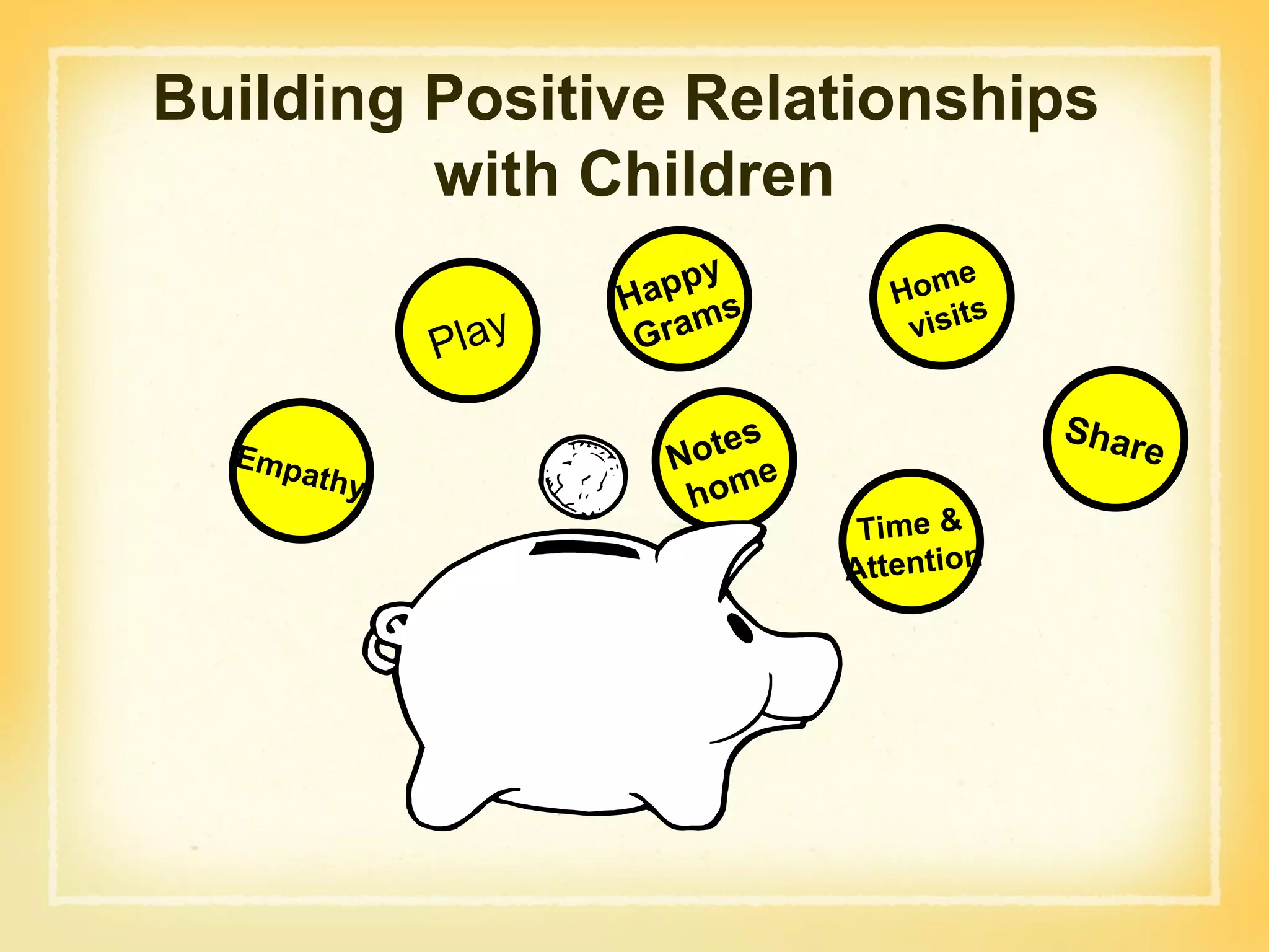 Building Positive Relationships  with Children Play Time & Attention Home  visits Share Empathy Notes  home Happy  Grams 
