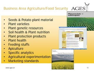 www.ages.at 13
Business Area Agriculture/Food Security
• Seeds & Potato plant material
• Plant varieties
• Plant genetic resources
• Soil health & Plant nutrition
• Plant protection products
• Plant health
• Feeding stuffs
• Apiculture
• Specific analytics
• Agricultural experimentation
• Marketing standards
 