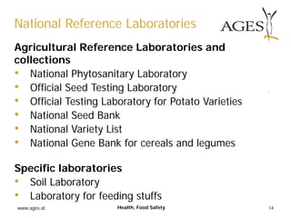 www.ages.at 14Health, Food Safety
Agricultural Reference Laboratories and
collections
• National Phytosanitary Laboratory
• Official Seed Testing Laboratory
• Official Testing Laboratory for Potato Varieties
• National Seed Bank
• National Variety List
• National Gene Bank for cereals and legumes
Specific laboratories
• Soil Laboratory
• Laboratory for feeding stuffs
National Reference Laboratories
 