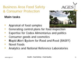 www.ages.at 15
Business Area Food Safety
& Consumer Protection
Health - Food Safety – Food Quality
Main tasks
• Appraisal of food samples
• Generating control plans for food inspection
• Expertise for Codex Alimentarius and politics
• Consumer goods and cosmetics
• Rapid Alert System for Food and Feed (RASFF)
• Novel Foods
• Analytics and National Reference Laboratories
 