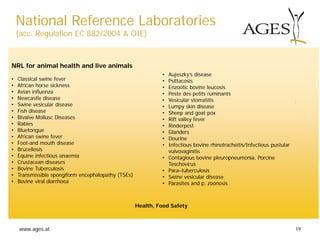 www.ages.at 19
Health, Food Safety
NRL for animal health and live animals
• Classical swine fever
• African horse sickness
• Avian influenza
• Newcastle disease
• Swine vesicular disease
• Fish disease
• Bivalve Mollusc Diseases
• Rabies
• Bluetongue
• African swine fever
• Foot-and mouth disease
• Brucellosis
• Equine infectious anaemia
• Crustacean diseases
• Bovine Tuberculosis
• Transmissible spongiform encephalopathy (TSEs)
• Bovine viral diarrhoea
National Reference Laboratories
(acc. Regulation EC 882/2004 & OIE)
• Aujeszky’s disease
• Psittacosis
• Enzootic bovine leucosis
• Peste des petits ruminants
• Vesicular stomatitis
• Lumpy skin disease
• Sheep and goat pox
• Rift valley fever
• Rinderpest
• Glanders
• Dourine
• Infectious bovine rhinotracheitis/Infectious pustular
vulvovaginitis
• Contagious bovine pleuropneumonia, Porcine
Teschovirus
• Para–tuberculosis
• Swine vesicular disease
• Parasites and p. zoonosis
 