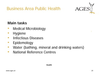 www.ages.at 20
Business Area Public Health
Health
Main tasks
• Medical Microbiology
• Hygiene
• Infectious Diseases
• Epidemology
• Water (bathing, mineral and drinking waters)
• National Reference Centres
 