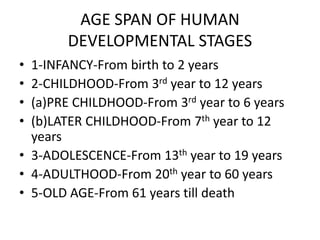AGE SPAN OF HUMAN
DEVELOPMENTAL STAGES
• 1-INFANCY-From birth to 2 years
• 2-CHILDHOOD-From 3rd year to 12 years
• (a)PRE CHILDHOOD-From 3rd year to 6 years
• (b)LATER CHILDHOOD-From 7th year to 12
years
• 3-ADOLESCENCE-From 13th year to 19 years
• 4-ADULTHOOD-From 20th year to 60 years
• 5-OLD AGE-From 61 years till death
 