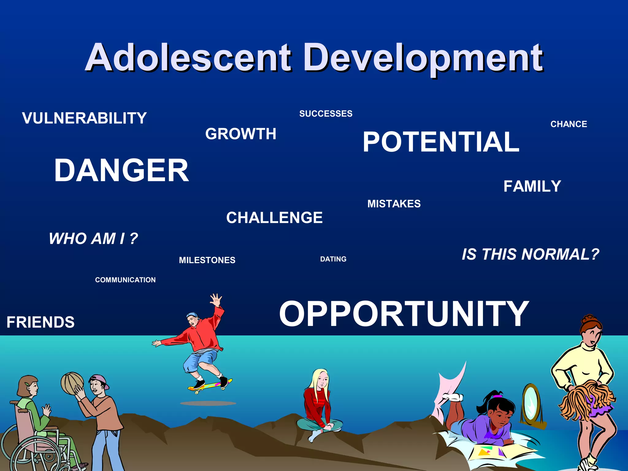 Adolescent Development
                                        SUCCESSES
 VULNERABILITY                                                          CHANCE
                              GROWTH
                                                    POTENTIAL
    DANGER                                                         FAMILY
                                                    MISTAKES
                                  CHALLENGE
    WHO AM I ?
                          MILESTONES       DATING              IS THIS NORMAL?
          COMMUNICATION




FRIENDS                                OPPORTUNITY
 