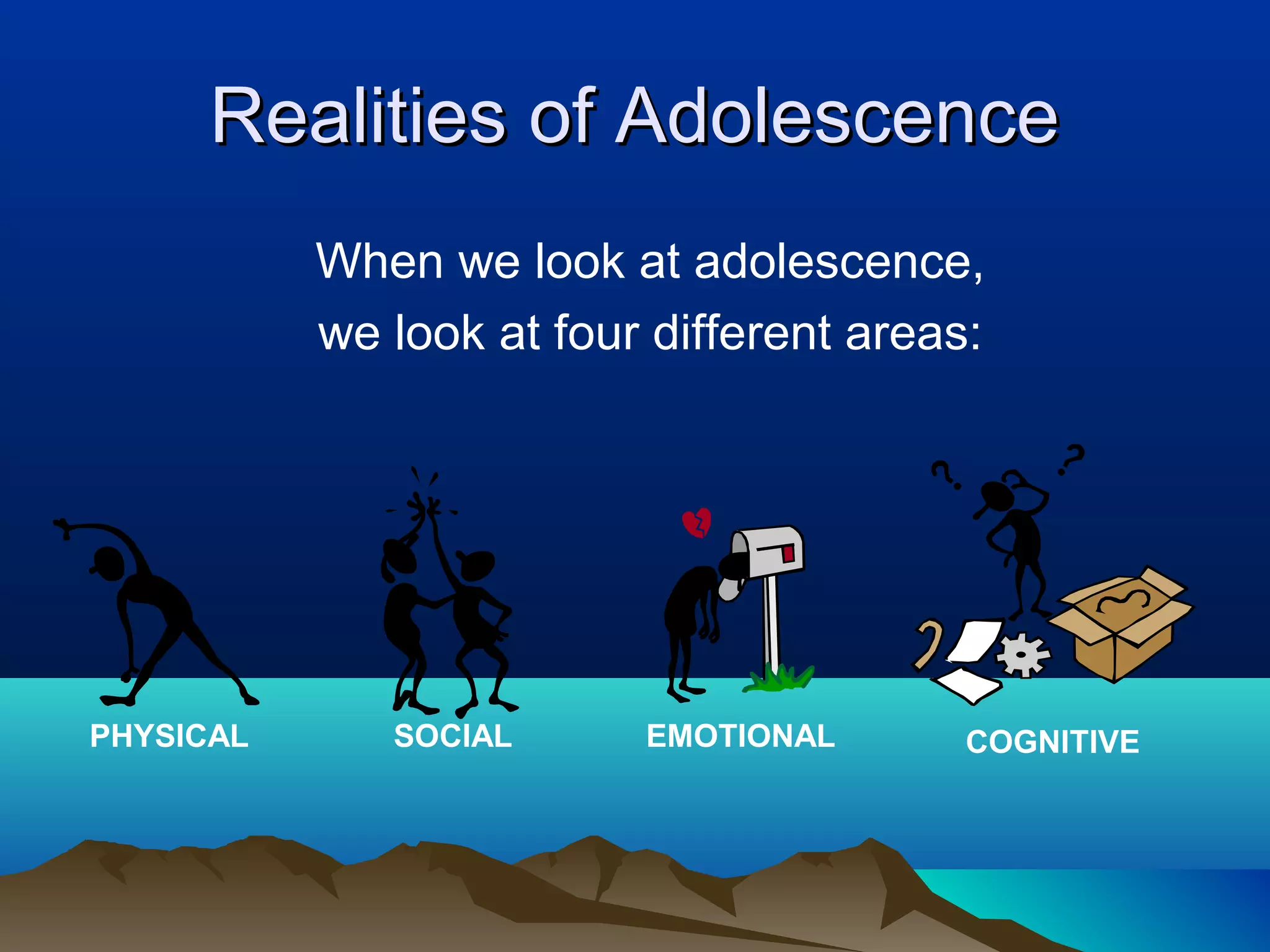 Realities of Adolescence
           When we look at adolescence,
           we look at four different areas:




PHYSICAL      SOCIAL      EMOTIONAL       COGNITIVE
 