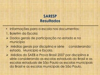 PISA – OCDEPrincipais ResultadosPapel positivo de:expectativas elevadas.intenso ambiente de estudo.relações estreitas entre professores e alunos.Sistemas educativos de sucesso, incorporam em suas práticas educativas:gestão de resultados.definição clara sobre de objetivos.controle sistemático por todos os interessados. 