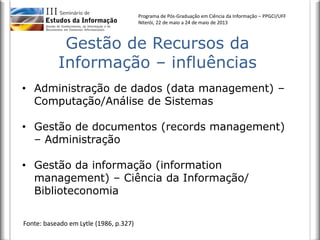Programa de Pós-Graduação em Ciência da Informação – PPGCI/UFF
Niterói, 22 de maio a 24 de maio de 2013
Gestão de Recursos da
Informação – influências
• Administração de dados (data management) –
Computação/Análise de Sistemas
• Gestão de documentos (records management)
– Administração
• Gestão da informação (information
management) – Ciência da Informação/
Biblioteconomia
Fonte: baseado em Lytle (1986, p.327)
 
