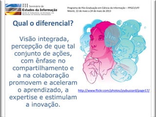 Programa de Pós-Graduação em Ciência da Informação – PPGCI/UFF
Niterói, 22 de maio a 24 de maio de 2013
Qual o diferencial?
Visão integrada,
percepção de que tal
conjunto de ações,
com ênfase no
compartilhamento e
a na colaboração
promovem e aceleram
o aprendizado, a
expertise e estimulam
a inovação.
http://www.flickr.com/photos/joybuzzard/page17/
 