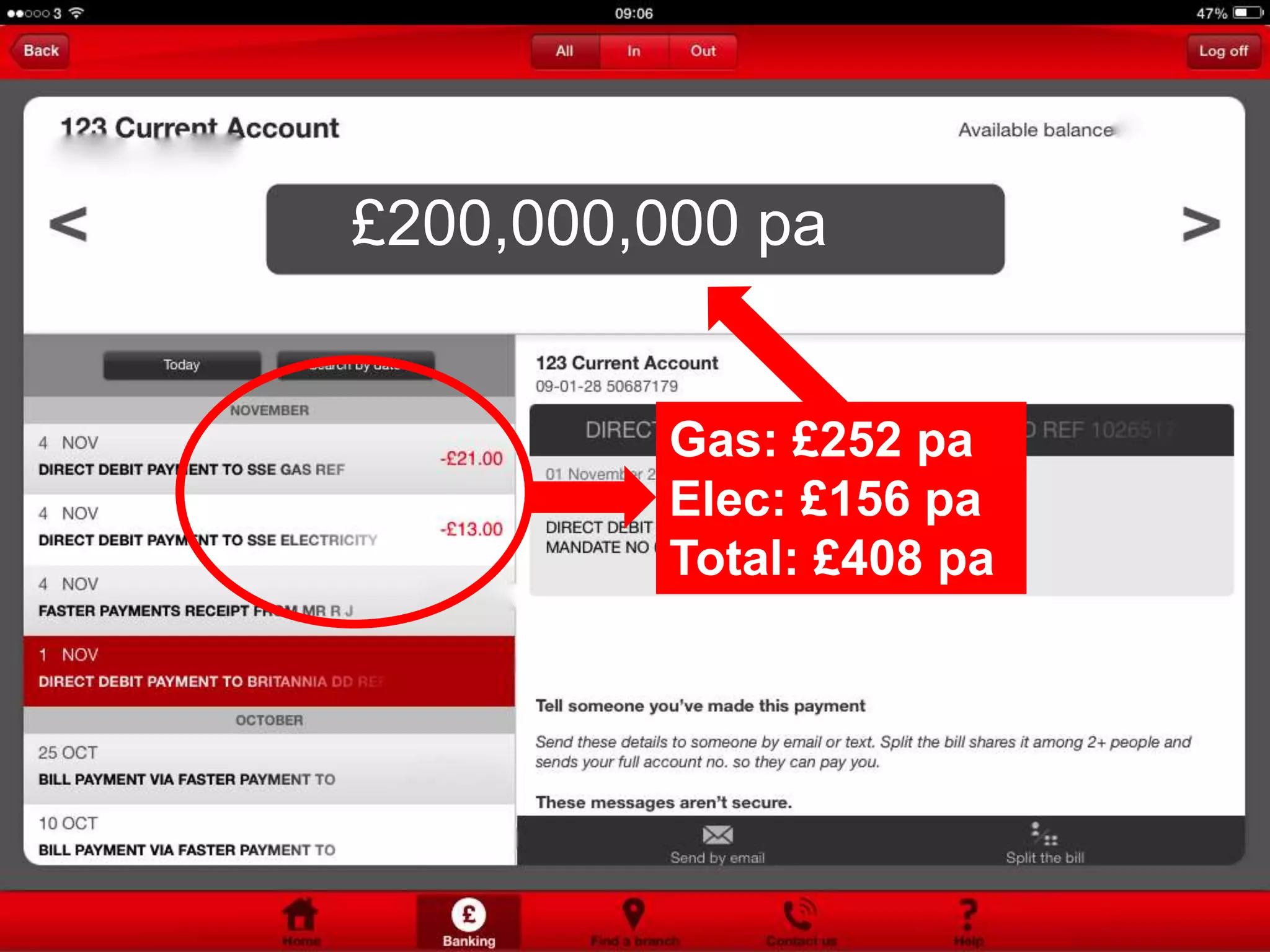 £200,000,000 pa

Gas: £252 pa
Elec: £156 pa
Total: £408 pa

 