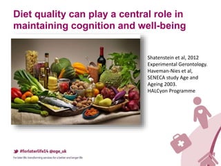 Diet quality can play a central role in
maintaining cognition and well-being
Shatenstein et al, 2012
Experimental Gerontology.
Haveman-Nies et al,
SENECA study Age and
Ageing 2003.
HALCyon Programme
 