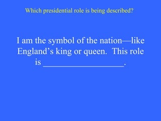 I am the symbol of the nation—like England’s king or queen.  This role is __________________. Which presidential role is being described? 