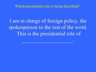 I am in charge of foreign policy, the spokesperson to the rest of the word.  This is the presidential role of ___________________. Which presidential role is being described? 