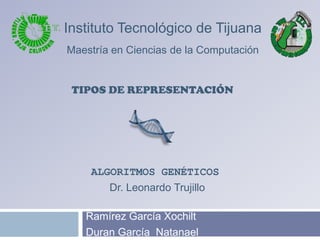 Ramírez García Xochilt Duran García  Natanael Instituto Tecnológico de Tijuana Maestría en Ciencias de la Computación Tipos de representación Algoritmos Genéticos Dr. Leonardo Trujillo 