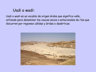 Uadi o wadi:
Uadi o wadi es un vocablo de origen árabe que significa valle,
utilizado para denominar los cauces secos o estacionales de ríos que
discurren por regiones cálidas y áridas o desérticas
 