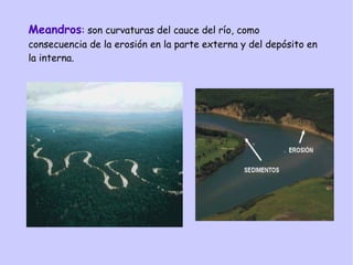 Meandros: son curvaturas del cauce del río, como
consecuencia de la erosión en la parte externa y del depósito en
la interna.
 