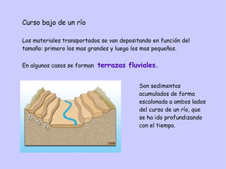 Curso bajo de un río
Los materiales transportados se van depositando en función del
tamaño: primero los mas grandes y luego los mas pequeños.
En algunos casos se forman terrazas fluviales.
Son sedimentos
acumulados de forma
escalonada a ambos lados
del curso de un río, que
se ha ido profundizando
con el tiempo.
 