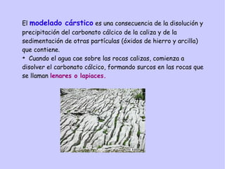 El modelado cárstico es una consecuencia de la disolución y
precipitación del carbonato cálcico de la caliza y de la
sedimentación de otras partículas (óxidos de hierro y arcilla)
que contiene.
➔
Cuando el agua cae sobre las rocas calizas, comienza a
disolver el carbonato cálcico, formando surcos en las rocas que
se llaman lenares o lapiaces.
 
