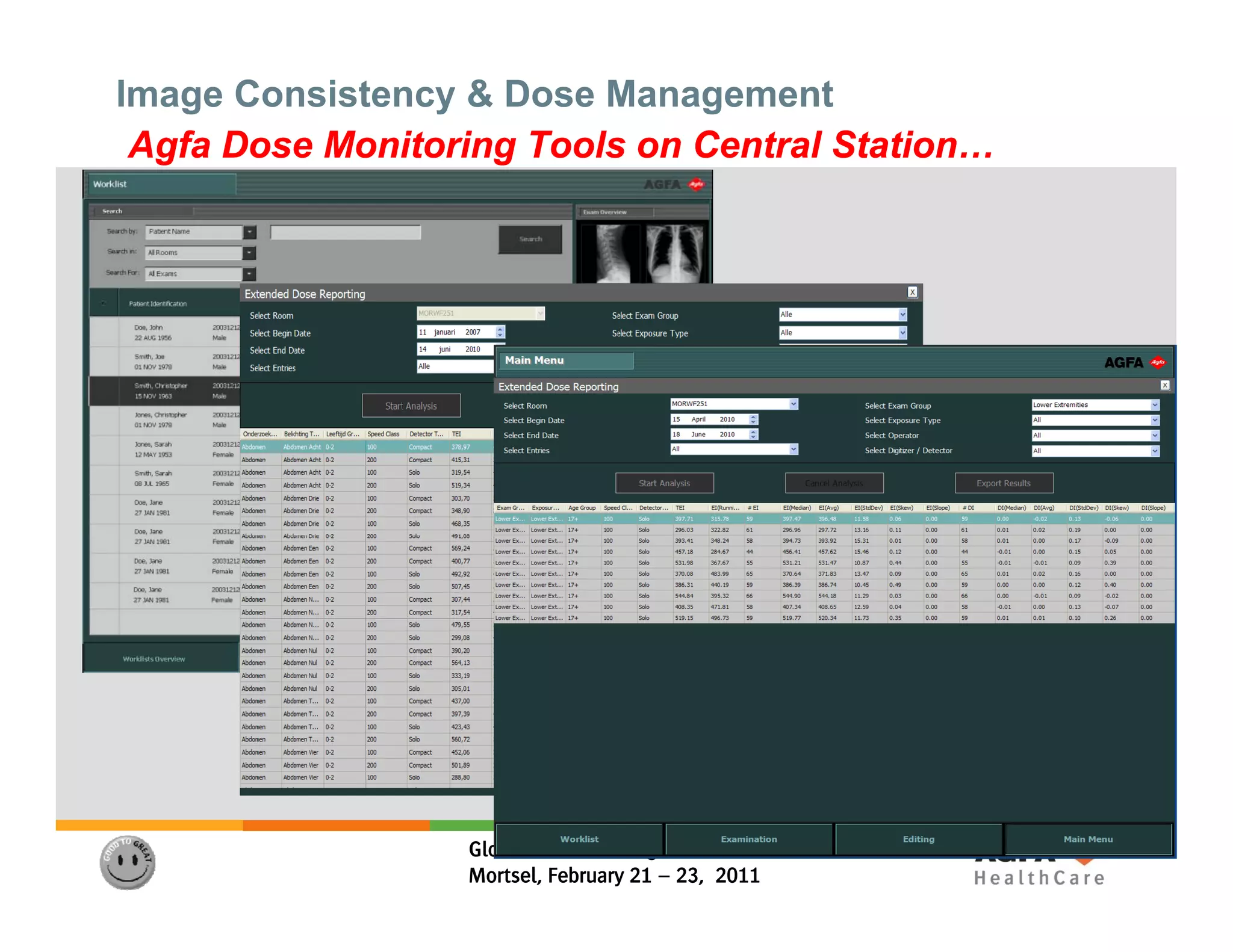 Image Consistency & Dose Management
 Agfa Dose Monitoring Tools on Central Station…




                  Global D.I.R. Meeting
                  Mortsel, February 21 – 23, 2011
 