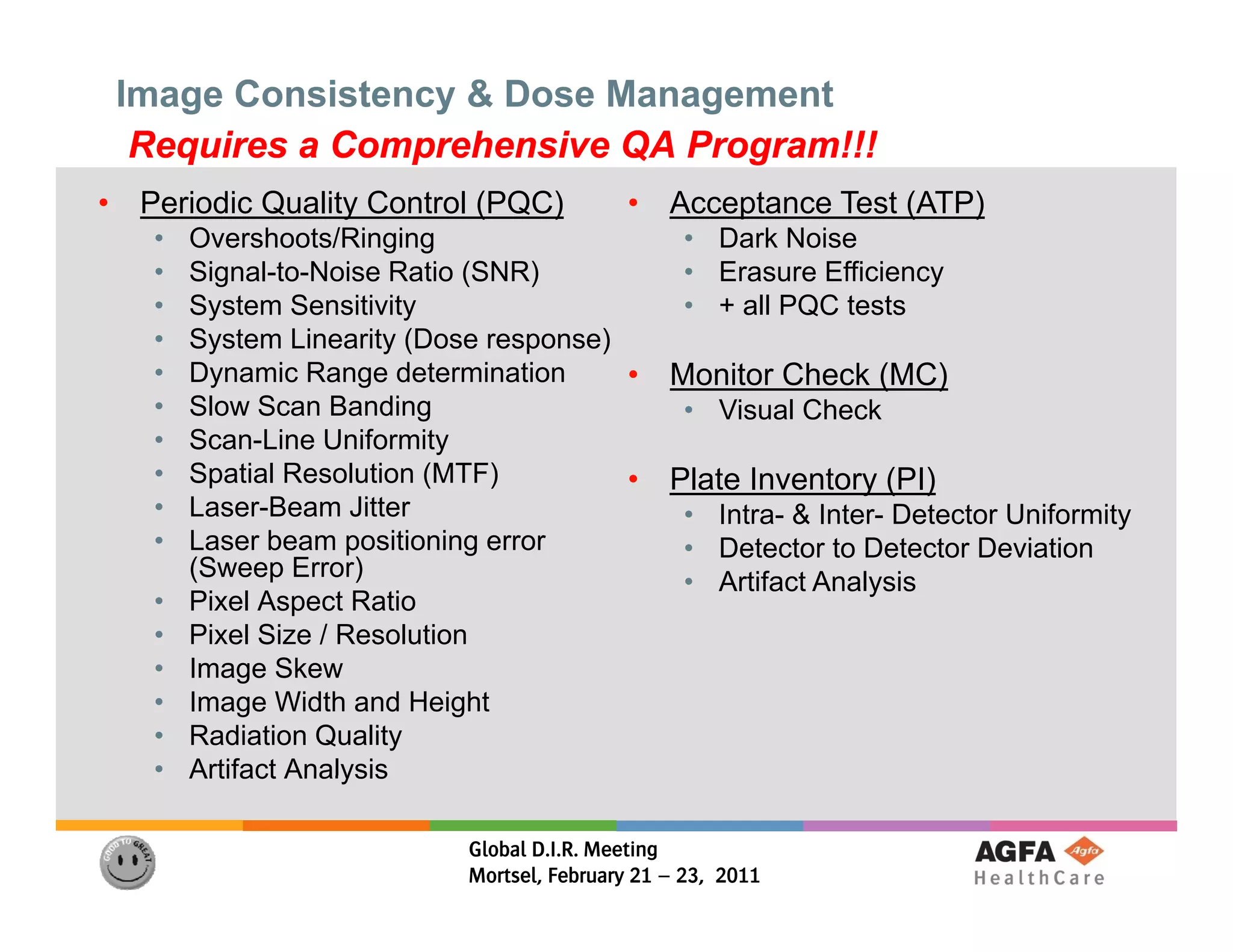 Image Consistency & Dose Management
     Requires a Comprehensive QA Program!!!
•    Periodic Quality Control (PQC)           •    Acceptance Test (ATP)
     •   Overshoots/Ringing                         • Dark Noise
     •   Signal-to-Noise Ratio (SNR)                • Erasure Efficiency
     •   System Sensitivity
         S t      S    iti it                       • + all PQC tests
                                                         ll     t t
     •   System Linearity (Dose response)
     •   Dynamic Range determination      •        Monitor Check (MC)
     •   S o Scan a d g
         Slow Sca Banding                           • Visual Check
     •   Scan-Line Uniformity
     •   Spatial Resolution (MTF)         •        Plate Inventory (PI)
     •   Laser-Beam Jitter                          • Intra- & Inter- Detector Uniformity
     •   Laser beam positioning error               • Detector to Detector Deviation
         (Sweep Error)
                                                    • Artifact Analysis
     •   Pixel Aspect Ratio
     •   Pixel Size / Resolution
     •   Image Skew
     •   Image Width and Height
     •   Radiation Quality
     •   Artifact Analysis

                              Global D.I.R. Meeting
                              Mortsel, February 21 – 23, 2011
 