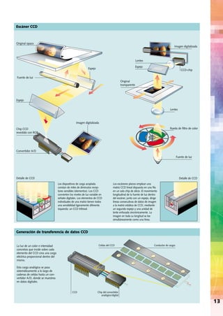 13
Escáner CCD
Los dispositivos de carga acoplada
constan de miles de diminutos recep-
tores sensibles (elementos). Los CCD
convierten los niveles de luz variable en
señales digitales. Los elementos de CCD
individuales de una matriz tienen todos
una sensibilidad ligeramente diferente.
Izquierda: un CCD trilineal.
Los escáneres planos emplean una
matriz CCD lineal dispuesta en una ﬁla
en un solo chip de silicio. El movimiento
longitudinal de la fuente de luz dentro
del escáner, junto con un espejo, dirige
líneas consecutivas de datos de imagen
a la matriz estática de CCD, mediante
un segundo espejo y una unidad de
lente enfocada sincrónicamente. La
imagen en toda su longitud se lee
simultáneamente como una línea.
La luz de un color e intensidad
concretos que incide sobre cada
elemento del CCD crea una carga
eléctrica proporcional dentro del
mismo.
Esta carga analógica se pasa
sistemáticamente a lo largo de
cadenas de celdas hasta un con-
vertidor A/D, donde se muestrea
en datos digitales.
Chip del convertidor
analógico/digital
Celdas del CCD Conductor de cargas
Original opaco
Imagen digitalizada
Lentes
Rueda de ﬁltro de color
Fuente de luz
Espejo
Lentes
Fuente de luz
Espejo
CCD-chip
Original
transparente
Imagen digitalizada
Chip CCD
revestido con RGB
Convertidor A/D
Espejo
Detalle de CCD Detalle de CCD
CCD
Generación de transferencia de datos CCD
 
