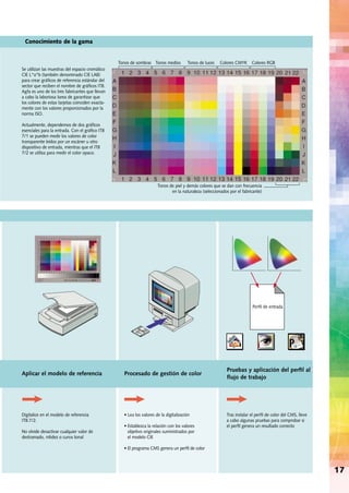 17
Se utilizan las muestras del espacio cromático
CIE L*a*b (también denominado CIE LAB)
para crear gráﬁcos de referencia estándar del
sector que reciben el nombre de gráﬁcos IT8.
Agfa es uno de los tres fabricantes que llevan
a cabo la laboriosa tarea de garantizar que
los colores de estas tarjetas coinciden exacta-
mente con los valores proporcionados por la
norma ISO.
Actualmente, dependemos de dos gráﬁcos
esenciales para la entrada. Con el gráﬁco IT8
7/1 se pueden medir los valores de color
transparente leídos por un escáner u otro
dispositivo de entrada, mientras que el IT8
7/2 se utiliza para medir el color opaco.
Tonos de sombras Tonos medios Tonos de luces Colores CMYK Colores RGB
Tonos de piel y demás colores que se dan con frecuencia
en la naturaleza (seleccionados por el fabricante)
Perﬁl de entrada
Digitalice en el modelo de referencia
IT8.7/2.
No olvide desactivar cualquier valor de
destramado, nitidez o curva tonal
• Lea los valores de la digitalización
• Establezca la relación con los valores
objetivo originales suministrados por
el modelo CIE
• El programa CMS genera un perﬁl de color
Tras instalar el perﬁl de color del CMS, lleve
a cabo algunas pruebas para comprobar si
el perﬁl genera un resultado correcto
Aplicar el modelo de referencia Procesado de gestión de color
Pruebas y aplicación del perﬁl al
ﬂujo de trabajo
Conocimiento de la gama
 