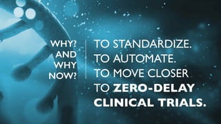 TO STANDARDIZE.
TO AUTOMATE.
TO MOVE CLOSER
TO ZERO-DELAY
CLINICAL TRIALS.
WHY?
AND
WHY
NOW?
 