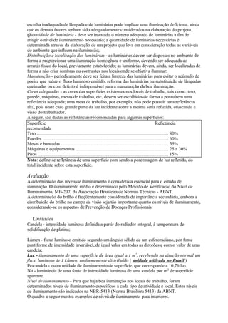 escolha inadequada de lâmpada e de luminárias pode implicar uma iluminação deficiente, ainda
que os demais fatores tenham sido adequadamente considerados na elaboração do projeto.
Quantidade de luminária - deve ser instalado o número adequado de luminárias a fim de
atingir o nível de iluminamento necessário; a quantidade de luminárias necessárias é
determinada através da elaboração de um projeto que leva em consideração todas as variáveis
do ambiente que influem na iluminação;
Distribuição e localização das luminárias - as luminárias devem ser dispostas no ambiente de
forma a proporcionar uma iluminação homogênea e uniforme, devendo ser adequada ao
arranjo físico do local, previamente estabelecido; as luminárias devem, ainda, ser localizadas de
forma a não criar sombras ou contrastes nos locais onde se objetiva iluminar;
Manutenção - periodicamente deve ser feita a limpeza das luminárias para evitar o acúmulo de
poeira que reduz o fluxo luminoso emitido; reforma das luminárias ou substituição de lâmpadas
queimadas ou com defeito é indispensável para a manutenção da boa iluminação.
Cores adequadas - as cores das superfícies existentes nos locais de trabalho, tais como: teto,
parede, máquinas, mesas de trabalho, etc, devem ser escolhidas de forma a possuírem uma
refletância adequada; uma mesa de trabalho, por exemplo, não pode possuir uma refletância
alta, pois neste caso grande parte da luz incidente sobre a mesma seria refletida, ofuscando a
visão do trabalhador.
A seguir, são dadas as refletâncias recomendadas para algumas superfícies:
Superfície Refletância
recomendada
Teto .................................................................................................................. 80%
Paredes ............................................................................................................. 60%
Mesas e bancadas ............................................................................................. 35%
Máquinas e equipamentos ................................................................................ 25 a 30%
Pisos ................................................................................................................. 15%
Nota: define-se refletância de uma superfície com sendo a porcentagem de luz refletida, do
total incidente sobre esta superfície.
Avaliação
A determinação dos níveis de iluminamento é considerada essencial para o estudo de
iluminação. O iluminamento médio é determinado pelo Método de Verificação do Nível de
Iluminamento, MB-207, da Associação Brasileira de Normas Técnicas - ABNT.
A determinação do brilho é freqüentemente considerada de importância secundária, embora a
distribuição do brilho no campo da visão seja tão importante quanto os níveis de iluminamento,
considerando-se os aspectos de Prevenção de Doenças Profissionais.
Unidades
Candela - intensidade luminosa definida a partir do radiador integral, à temperatura de
solidificação de platina;
Lúmen - fluxo luminoso emitido segundo um ângulo sólido de um esferoradiano, por fonte
puntiforme de intensidade invariável, de igual valor em todas as direções e com o valor de uma
candela;
Lux - iluminamento de uma superfície de área igual a 1 m2
, recebendo na direção normal um
fluxo luminoso de 1 Lúmen, uniformemente distribuído ( unidade utilizada no Brasil )
Pé-candela - outra unidade de iluminamento de superfície, que corresponde a 10,76 lux.
Nit - luminância de uma fonte de intensidade luminosa de uma candela por m2
de superfície
aparente.
Nível de iluminamento - Para que haja boa iluminação nos locais de trabalho, foram
determinados níveis de iluminamento específicos a cada tipo de atividade e local. Estes níveis
de iluminamento são indicados na NBR-5413 (Norma Brasileira 5413) da ABNT.
O quadro a seguir mostra exemplos de níveis de iluminamento para interiores.
 