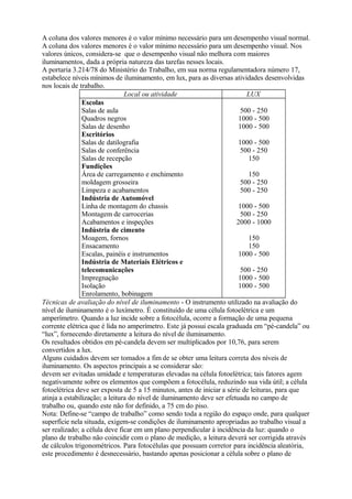 A coluna dos valores menores é o valor mínimo necessário para um desempenho visual normal.
A coluna dos valores menores é o valor mínimo necessário para um desempenho visual. Nos
valores únicos, considera-se que o desempenho visual não melhora com maiores
iluminamentos, dada a própria natureza das tarefas nesses locais.
A portaria 3.214/78 do Ministério do Trabalho, em sua norma regulamentadora número 17,
estabelece níveis mínimos de iluminamento, em lux, para as diversas atividades desenvolvidas
nos locais de trabalho.
Local ou atividade LUX
Escolas
Salas de aula
Quadros negros
Salas de desenho
Escritórios
Salas de datilografia
Salas de conferência
Salas de recepção
Fundições
Área de carregamento e enchimento
moldagem grosseira
Limpeza e acabamentos
Indústria de Automóvel
Linha de montagem do chassis
Montagem de carrocerias
Acabamentos e inspeções
Indústria de cimento
Moagem, fornos
Ensacamento
Escalas, painéis e instrumentos
Indústria de Materiais Elétricos e
telecomunicações
Impregnação
Isolação
Enrolamento, bobinagem
500 - 250
1000 - 500
1000 - 500
1000 - 500
500 - 250
150
150
500 - 250
500 - 250
1000 - 500
500 - 250
2000 - 1000
150
150
1000 - 500
500 - 250
1000 - 500
1000 - 500
Técnicas de avaliação do nível de iluminamento - O instrumento utilizado na avaliação do
nível de iluminamento é o luxímetro. É constituído de uma célula fotoelétrica e um
amperímetro. Quando a luz incide sobre a fotocélula, ocorre a formação de uma pequena
corrente elétrica que é lida no amperímetro. Este já possui escala graduada em “pé-candela” ou
“lux”, fornecendo diretamente a leitura do nível de iluminamento.
Os resultados obtidos em pé-candela devem ser multiplicados por 10,76, para serem
convertidos a lux.
Alguns cuidados devem ser tomados a fim de se obter uma leitura correta dos níveis de
iluminamento. Os aspectos principais a se considerar são:
devem ser evitadas umidade e temperaturas elevadas na célula fotoelétrica; tais fatores agem
negativamente sobre os elementos que compõem a fotocélula, reduzindo sua vida útil; a célula
fotoelétrica deve ser exposta de 5 a 15 minutos, antes de iniciar a série de leituras, para que
atinja a estabilização; a leitura do nível de iluminamento deve ser efetuada no campo de
trabalho ou, quando este não for definido, a 75 cm do piso.
Nota: Define-se “campo de trabalho” como sendo toda a região do espaço onde, para qualquer
superfície nela situada, exigem-se condições de iluminamento apropriadas ao trabalho visual a
ser realizado; a célula deve ficar em um plano perpendicular à incidência da luz: quando o
plano de trabalho não coincidir com o plano de medição, a leitura deverá ser corrigida através
de cálculos trigonométricos. Para fotocélulas que possuam corretor para incidência aleatória,
este procedimento é desnecessário, bastando apenas posicionar a célula sobre o plano de
 
