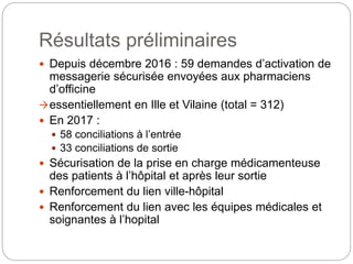 Résultats préliminaires
 Depuis décembre 2016 : 59 demandes d’activation de
messagerie sécurisée envoyées aux pharmaciens
d’officine
essentiellement en Ille et Vilaine (total = 312)
 En 2017 :
 58 conciliations à l’entrée
 33 conciliations de sortie
 Sécurisation de la prise en charge médicamenteuse
des patients à l’hôpital et après leur sortie
 Renforcement du lien ville-hôpital
 Renforcement du lien avec les équipes médicales et
soignantes à l’hopital
 