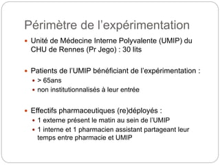 Périmètre de l’expérimentation
 Unité de Médecine Interne Polyvalente (UMIP) du
CHU de Rennes (Pr Jego) : 30 lits
 Patients de l’UMIP bénéficiant de l’expérimentation :
 > 65ans
 non institutionnalisés à leur entrée
 Effectifs pharmaceutiques (re)déployés :
 1 externe présent le matin au sein de l’UMIP
 1 interne et 1 pharmacien assistant partageant leur
temps entre pharmacie et UMIP
 